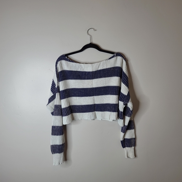 Free People Just My Chunky Striped Cropped Sweater Blue White Size XS - Picture 4 of 7